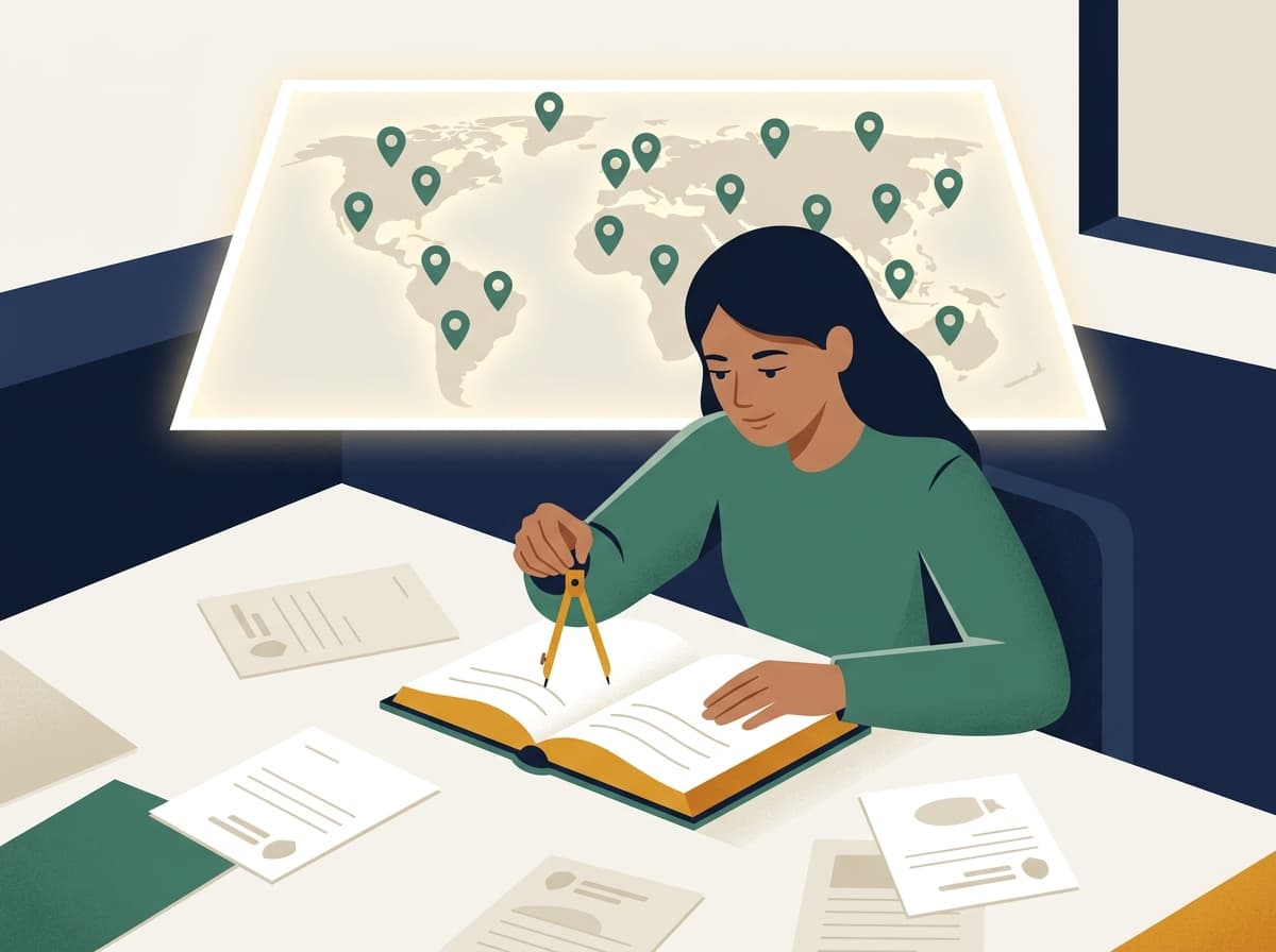Student studying with map and compass, exploring college options
